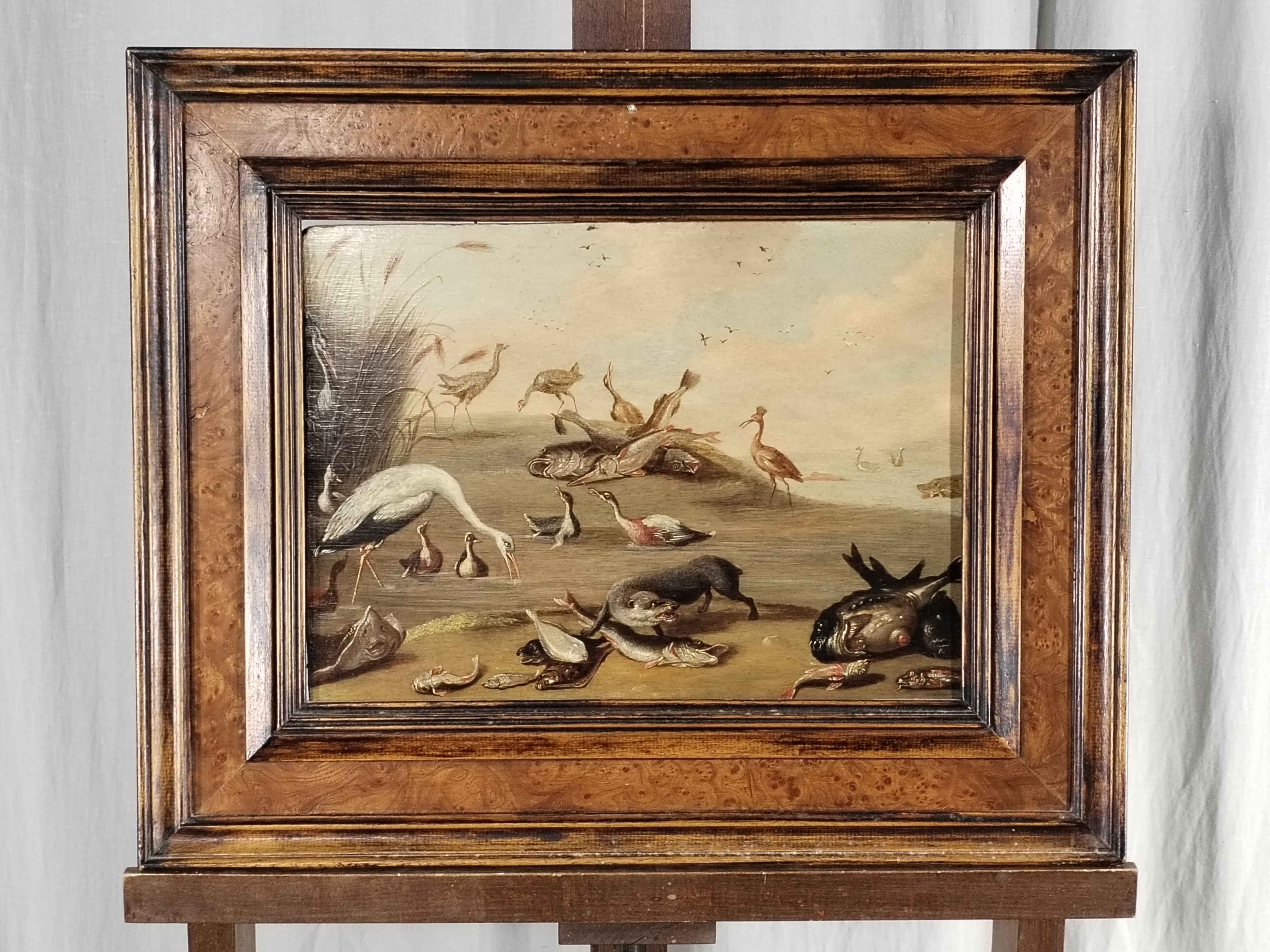 5 - Entourage de Jan Van Kessel. Huile sur panneau. Faunes et flores autour d'un lac